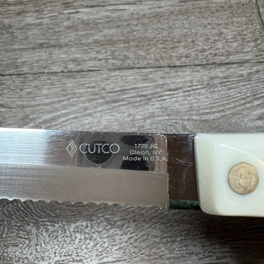 CUTCO 1729 JG Meat CARVING KNIFE Serrated 7" Blade WHITE PEARL Swirl 12" USA - Picture 2 of 11